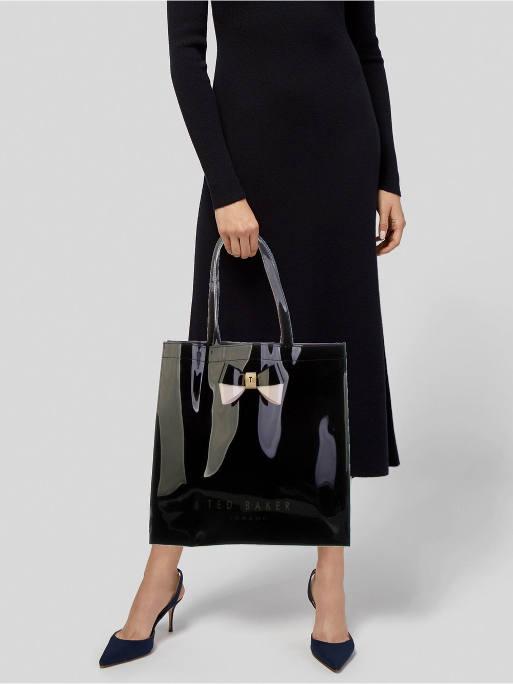 Ted Baker Black Patent Tote with Pink Bow Accent